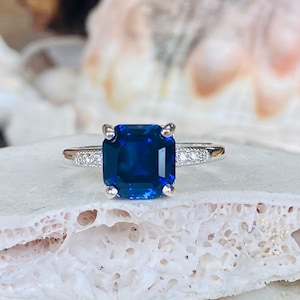 Asscher Cut Sapphire Ring, Blue Sapphire Engagement Ring, Unique Engagement Ring, September Birthstone, 14k, Platinum