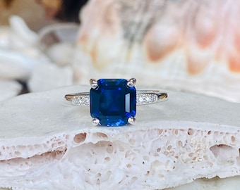 Asscher Cut Sapphire Ring, Blue Sapphire Engagement Ring, Unique Engagement Ring, September Birthstone, 14k, Platinum