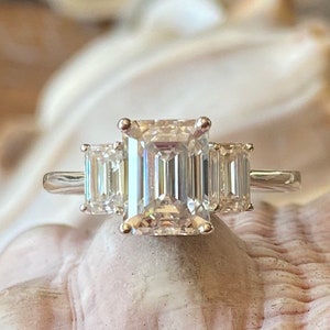 Three Stone Emerald Cut Moissanite Engagement Ring, Emerald Cut Engagement Ring, Moissanite Engagement Ring, Three Stone Emerald Cut Ring