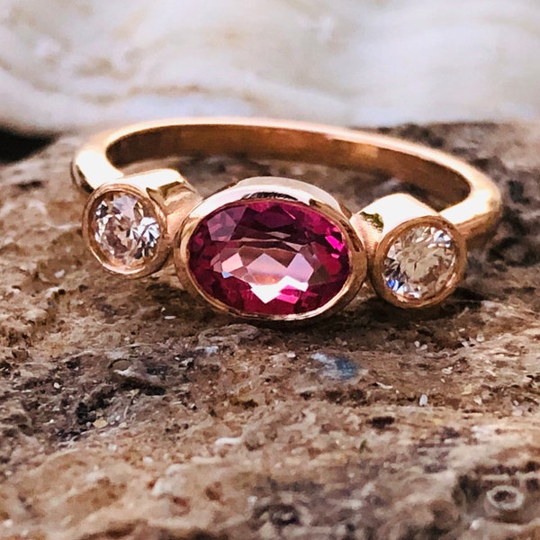 Three Stone Ring, Pink Sapphire Ring, Trio Ring, Bezel Setting, Unique Engagement Ring