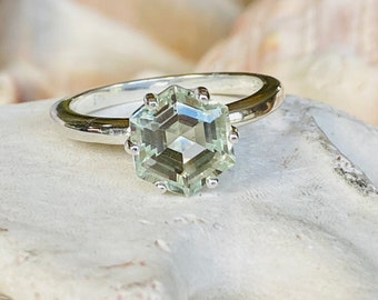 Hexagon Cut Prasiolite Ring, Green Amethyst Ring, Hexagon Prasiolite Ring, Prasiolite Solitaire Ring, Hexagon Ring