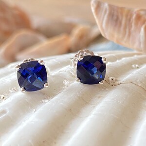 Puede incluir: Un par de pendientes de plata con piedras cuadradas de color azul oscuro.