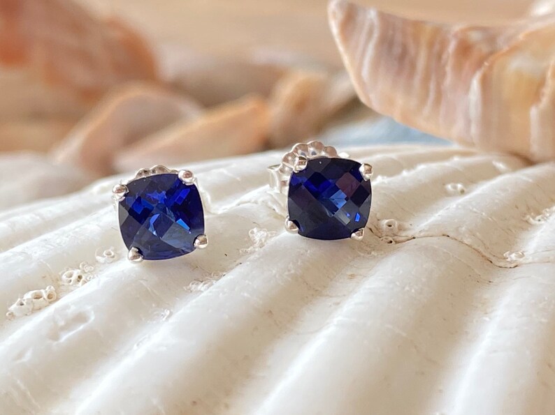 Puede incluir: Un par de pendientes de plata con piedras cuadradas de color azul oscuro.