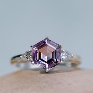 Hexagon Cut Rose De France Amethyst  Ring, Hexagon Amethyst Ring, Three Stone Ring, Lavender Amethyst, Gift For Her, Anniversary Gift