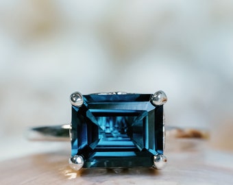 14k London Blue Topaz Ring, Emerald Cut London Blue Topaz Ring, 3.50ct Emerald Cut, East West Ring, East West Emerald Cut, Tulip Setting