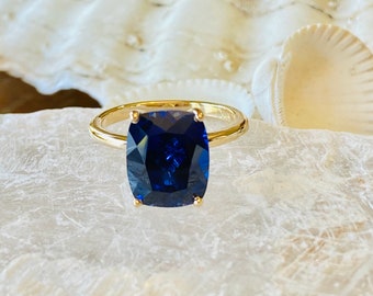 14k Gold Sapphire Ring, Sapphire Engagement Ring, Elongated Cushion Cut Sapphire Ring, Statement Ring, September Birthstone