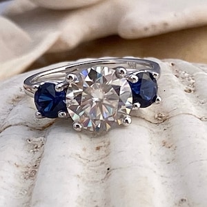 Three Stone Engagement Ring, Moissanite Engagement Ring, Round Three Stone Engagement Ring, Sapphire and Moissanite Ring