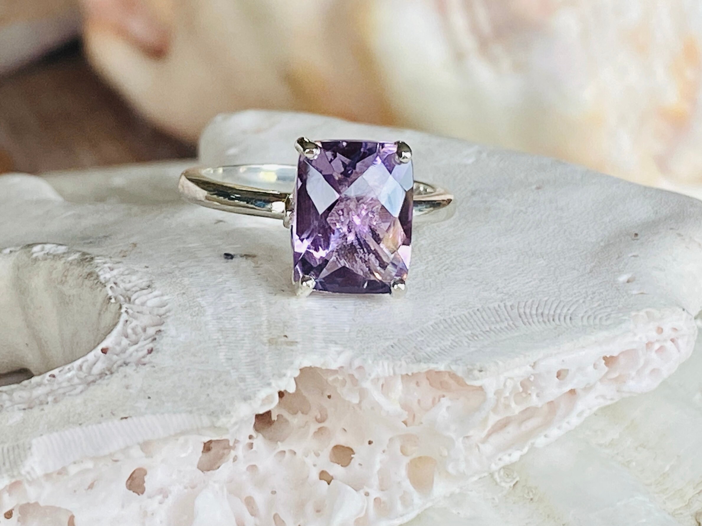 14k Rose De France Amethyst Ring, Antique Cushion Cut Amethyst Ring, 2.00ct Amethyst Ring, Elongated Cushion Cut Amethyst, Lavender Amethyst