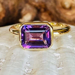 14k Gold Amethyst Ring, Natural Amethyst Ring, Emerald Cut Amethyst Ring, East West Emerald Cut Ring, February Birthstone
