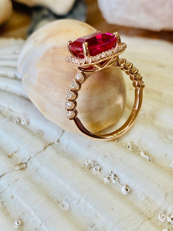 Asscher Cut Pink Ruby Engagement Ring Solid 14k Rose Gold