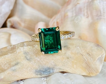 14k Emerald Engagement Ring, 14k Emerald Ring, Ring, Emerald Cut Emerald Engagement Ring, Statement Ring, May Birthstone