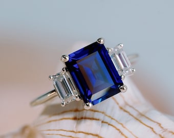 Three Stone Sapphire Ring, Emerald Cut Three Stone Ring, Sapphire and Moissanite Engagement Ring, Ethically Sourced, Conflict Free