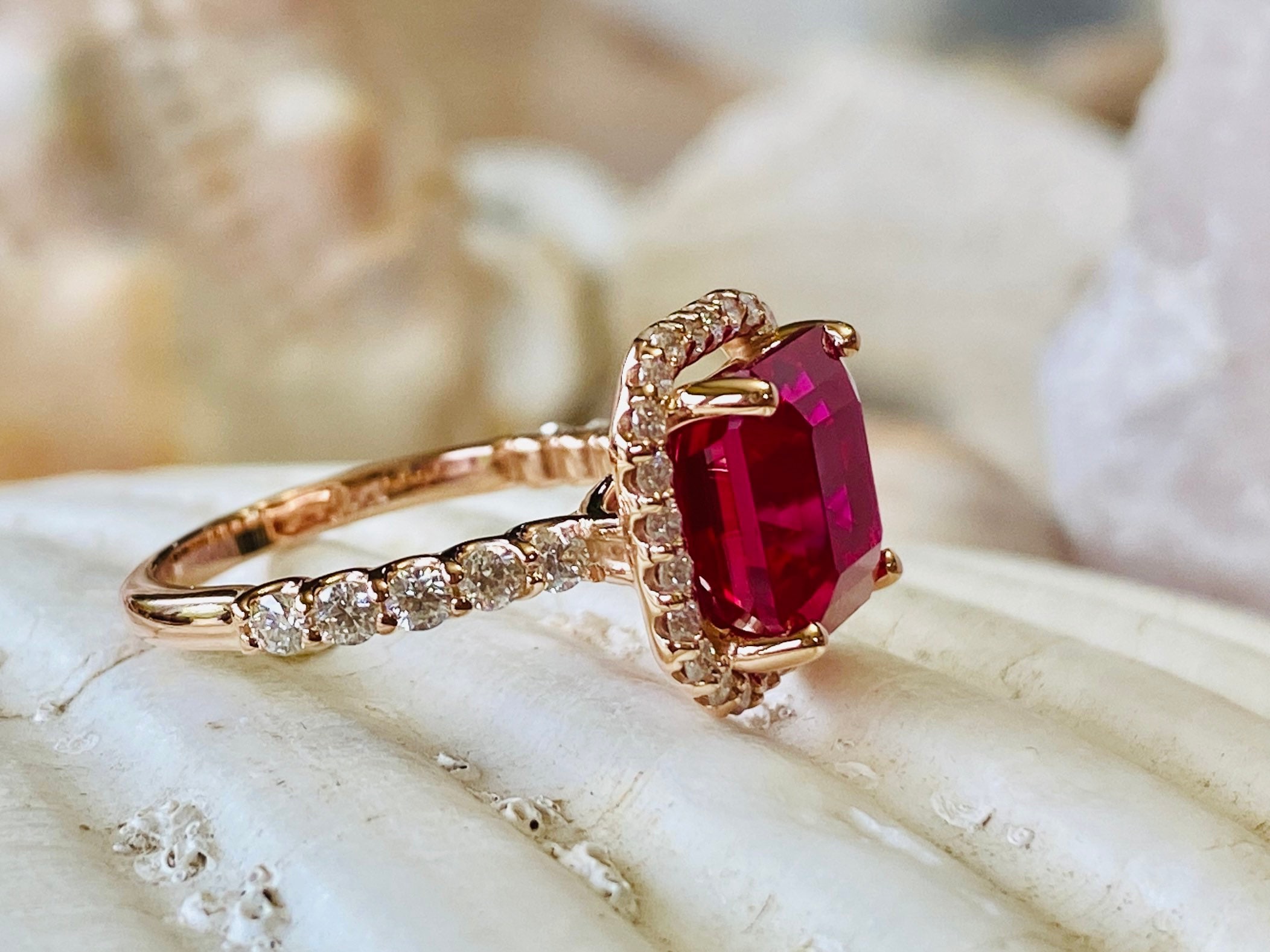 Asscher Cut Ruby Engagement Ring Moissanite Engagement Ring