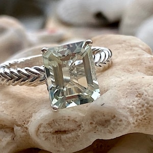 14k Prasiolite Ring, Green Amethyst Ring, Emerald Cut Prasiolite Ring, 3.00ct Prasiolite  Emerald Cut Ring, Prasiolite Solitaire Ring