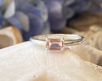 Emerald Cut Morganite Ring, Morganite Engagement Ring, Solitaire Setting, Stacking Ring, East West Ring