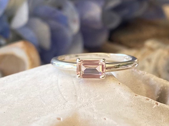 Emerald Cut Morganite Ring Morganite Engagement Ring Solitaire Setting Stacking Ring East West Ring Etsy