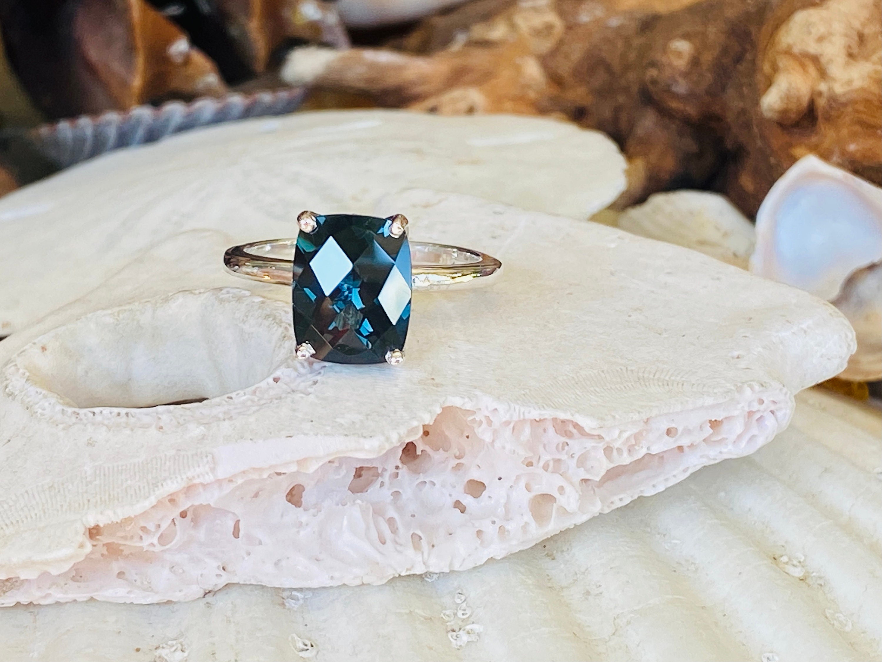 14k London Blue Topaz Ring, Antique Cushion Cut London Blue