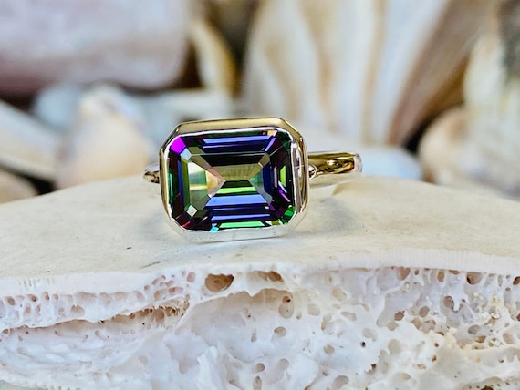 10K White Gold Emerald Cut Color Changing Mystic Topaz Gemstone & - Ruby  Lane