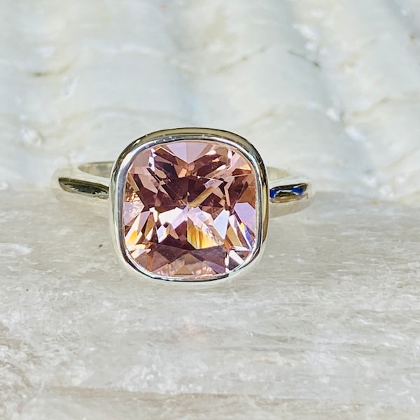 14k Morganite Ring, Morganite Engagement Ring, Bezel Setting, Cushion Cut Morganite, Large Morganite Ring