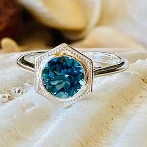 Art Deco London Blue Topaz Ring, 1.00ct Blue Topaz Ring, London Blue Topaz Engagement Ring, Art Deco Bezel Setting, Hexagon Setting