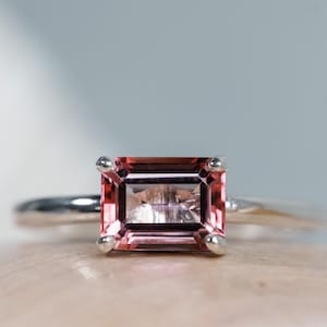 14k Pink Topaz Ring, Emerald Cut Pink Topaz, Sterling Silver Pink Topaz Ring, Natural Pink Topaz, East West Setting