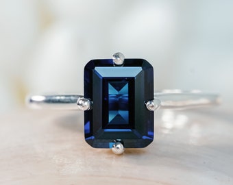 14k Emerald Cut Sapphire Ring, Emerald Cut Ring, 3.00ct Sapphire Ring, Sapphire Solitaire Ring, Compass Setting, September Birthstone