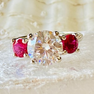 Three Stone Engagement Ring, Moissanite Engagement Ring, Round Three Stone Engagement Ring, Ruby and Moissanite Ring, July Birthstone
