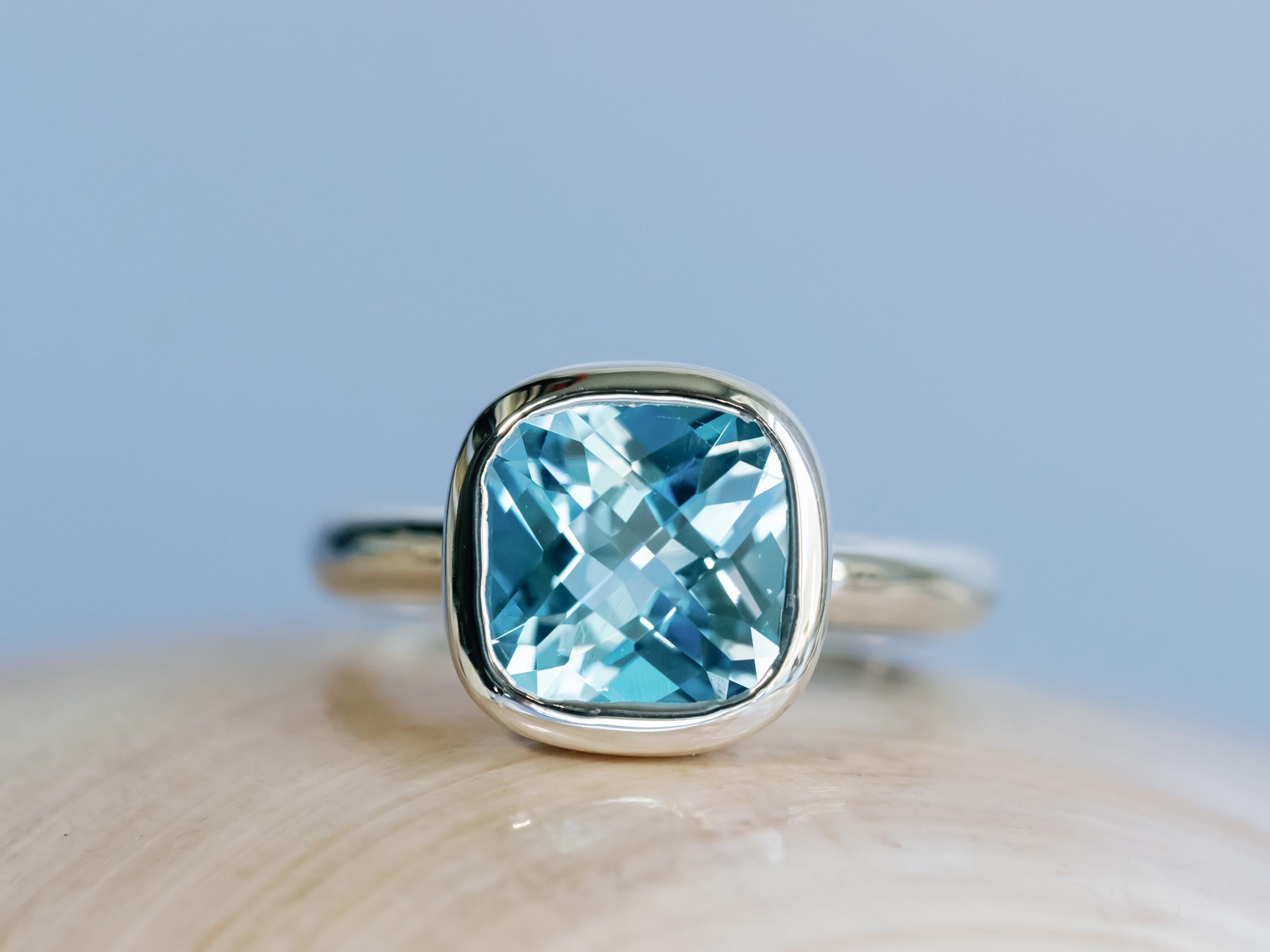 14k Blue Topaz Ring, Cushion Cut Blue Topaz Bezel Ring, Blue Topaz Ring, Statement Ring, Bezel Setting, Sterling Silver