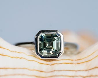 14k Asscher Cut Green Sapphire Ring, Asscher Cut Ring, Green Sapphire Solitaire Ring, Bezel Setting, Lab Green Sapphire
