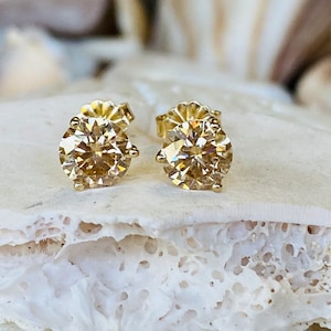 14k Champagne Moissanite Stud Earrings, Moissanite Stud Earrings, 2.00ct Round Moissanite Earrings, 14k Moissanite Earrings, Martini Setting