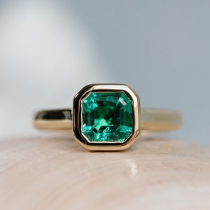 14k Asscher Cut Emerald Ring, Emerald Engagement Ring, Asscher Cut Ring, Emerald Solitaire Ring, Bezel Setting, May Birthstone