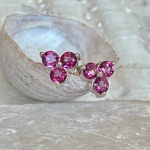 Pink Topaz Stud Earrings, Pink Topaz 14k Three Stone Earrings, Minimalist Earrings, Small Stud Earrings, Three Stone Studs, Bridesmaid Gift