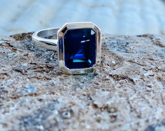 Sapphire Ring, Sapphire Engagement Ring, Emerald Cut Ring, Emerald Cut Sapphire, Bezel Sapphire Ring, September Birthstone