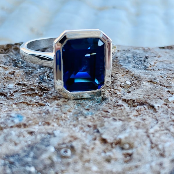 Sapphire Ring, Sapphire Engagement Ring, Emerald Cut Ring, Emerald Cut Sapphire, Bezel Sapphire Ring, September Birthstone