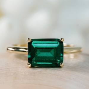 14k Gold Emerald Ring, 3.00ct Emerald Cut, Emerald Solitaire Ring, East West Emerald Cut, Promise Ring, May Birthstone