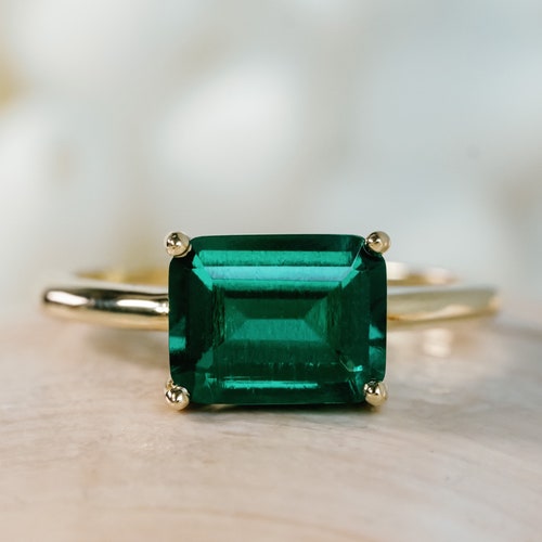 14k Gold East West Emerald Ring 3.00ct by ScottBonomoDiamonds - Emerald Cut Solitaire Engagement Ring-Horizontal Promise Ring-May Birthstone
