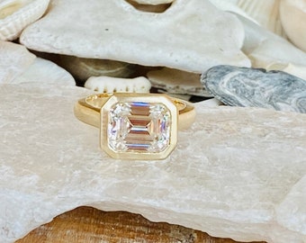 Emerald Cut Bezel Moissanite Engagement Ring, 4.00ct Emerald Cut Engagement Ring, Emerald Cut Solitaire Engagement Ring, East West Setting