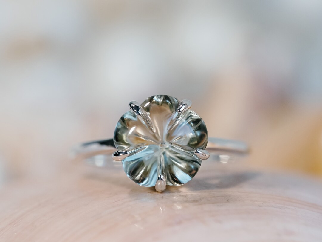 Flower Gemstone Ring, Five Petal Flower Ring, Natural Prasiolite Ring ...