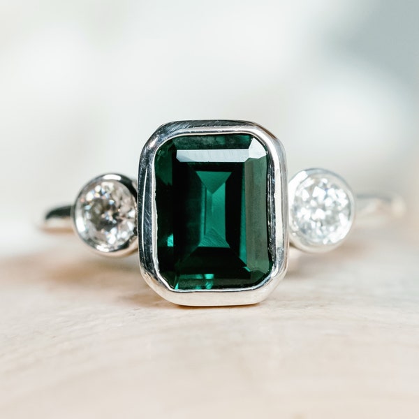 14k Emerald Ring, Three Stone Ring, Emerald Three Stone Ring, Emerald Engagement Ring, Anniversary Gift, Gift For Her, May Birthstone