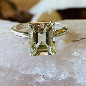 Prasiolite Ring, Gold Prasiolite Ring, Green Amethyst Ring, Emerald Cut Prasiolite Ring, 3.00ct Emerald Cut, Prasiolite Solitaire Ring