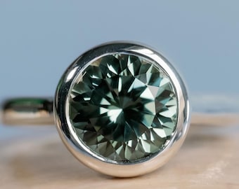 14k Green Sapphire Bezel Ring, Lab Sapphire Ring,  Bezel Solitaire, Ethically Sourced, Sterling Silver