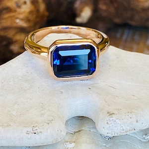 14k Gold Sapphire Ring, Emerald Cut Sapphire Ring, East West Emerald Cut Sapphire Ring, Lab Created Sapphire, September Birthstone