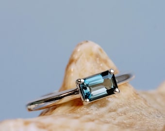 London Blue Topaz Ring, East West Emerald Cut London Blue Topaz, Solitaire Setting, Stacking Ring, East West Setting, Sterling Silver, 14k