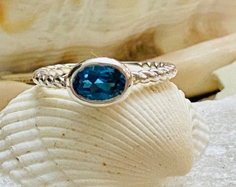 14k London Blue Topaz Ring, Oval East West London Blue Topaz Ring, London Blue Topaz Solitaire, London Blue Topaz Bezel Ring, Something Blue
