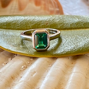 14k Emerald Ring, Green Emerald Bezel Ring, Emerald Cut Bezel Ring, Emerald Bezel Engagement Ring, Emerald Solitaire Ring, May Birthstone