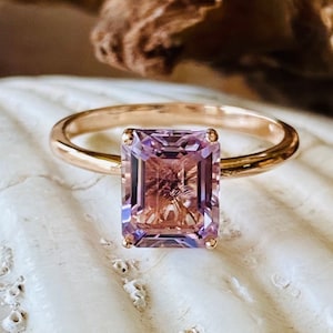 Anillo de amatista Rose De France de 14 k, anillo de amatista con talla esmeralda, anillo de amatista de 3,00 ct, anillo de amatista grande, amatista lavanda
