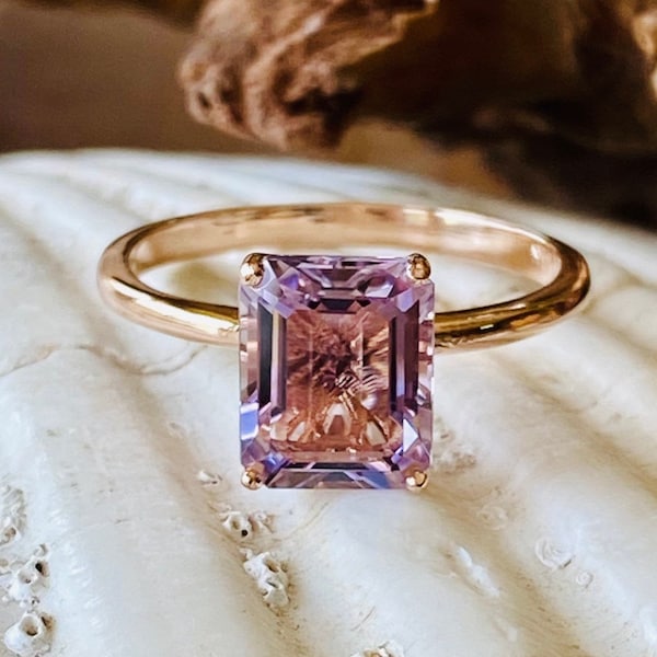 14k Rose De France Amethyst Ring, Amethyst Ring im Smaragdschliff, 3.00ct Amethyst Ring, großer Amethyst Ring, Lavendel Amethyst