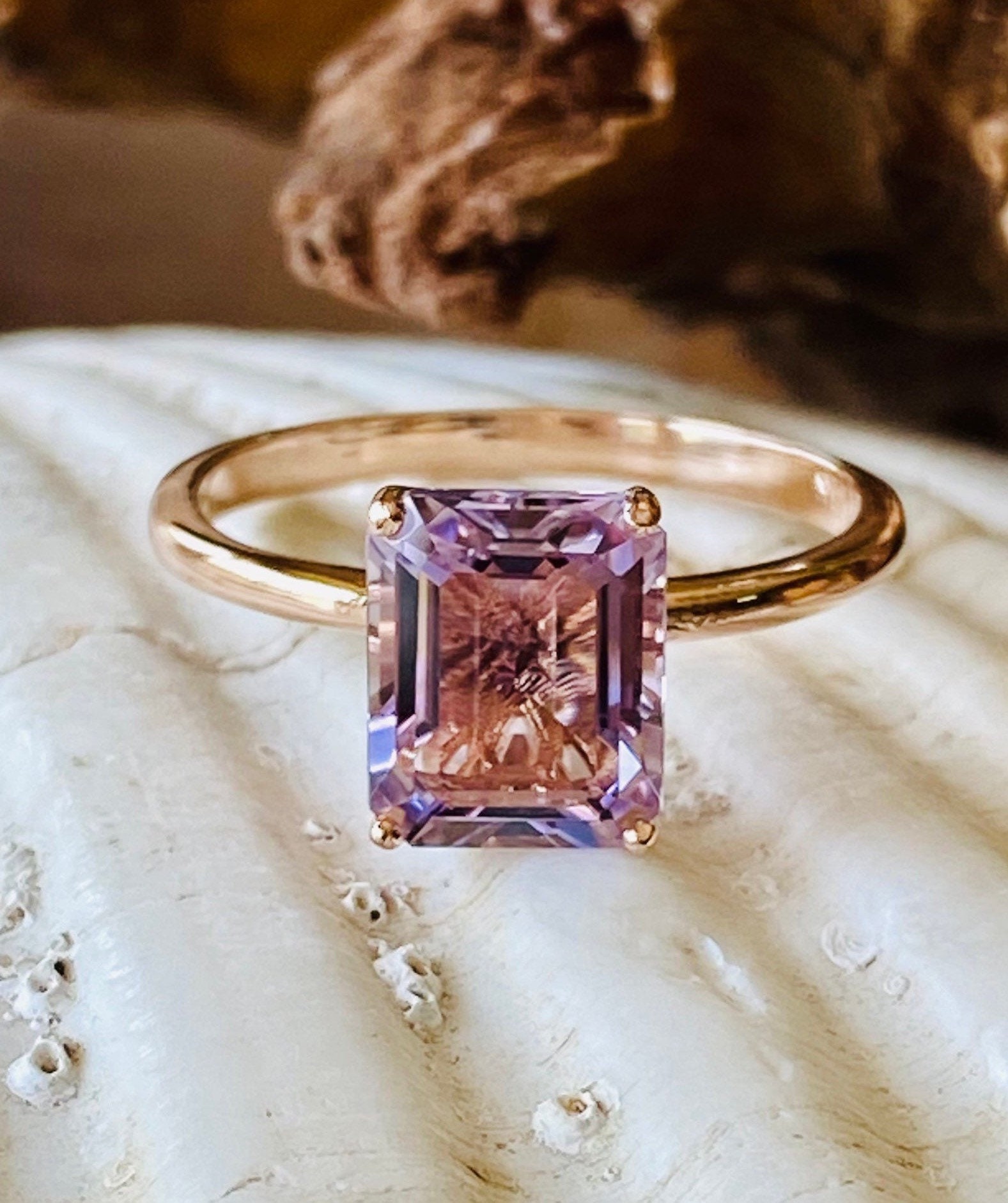 14k Rose De France Amethyst Ring, Emerald Cut Amethyst Ring, 3.00ct Amethyst Ring, Large Amethyst Ring, Lavender Amethyst