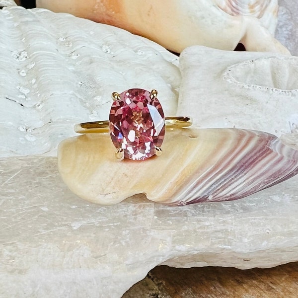 14k Padparadscha Sapphire Ring, Oval Pink Sapphire Ring, Pink Sapphire Ring, Padparadscha Sapphire Solitaire Ring, Oval Padparadscha Ring