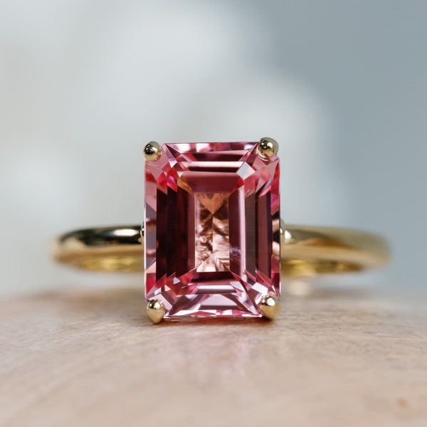 14k Padparadscha Sapphire Ring, Emerald Cut Pink Sapphire Ring, 3 Carat Pink Sapphire Ring, Padparadscha Sapphire Solitaire Ring